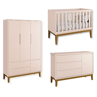 Quarto de Bebê Berço + Cômoda Sapateira + Guarda Roupa 3 Portas Rosa Classic