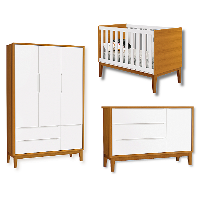 Quarto de Bebê Berço + Cômoda Sapateira + Guarda Roupa 3 Portas Savana Classic