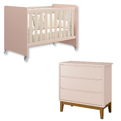Quarto de Bebê Berço Evolution + Cômoda 3 Gavetas Rosa