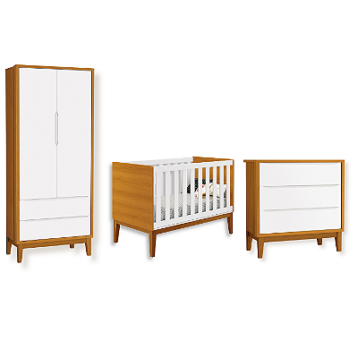 Quarto de Bebê Berço + Cômoda + Guarda Roupa Branco Savana Classic