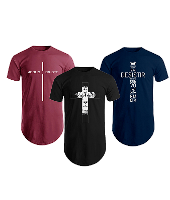 Kit Com 3 Camisas Masculinas Camiseta Long Line Oversized Evangélica Gospel Cristã