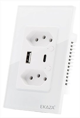 Tomada Dupla Inteligente 16A USB A C Branco Vidro Temperado