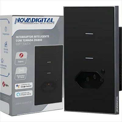 Interruptor Quartzo Zigbee NovaDigital 2 Botões 1 Tomada 4x2 Preto - I6NovaDigital