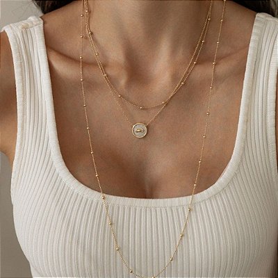 Colar Button – Pingente Botão Bordado em Banho de Ouro microcravejado em Zircônias