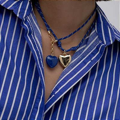 Colar Coração Puffy em Cadarço Colorido e Banho de Ouro 18K