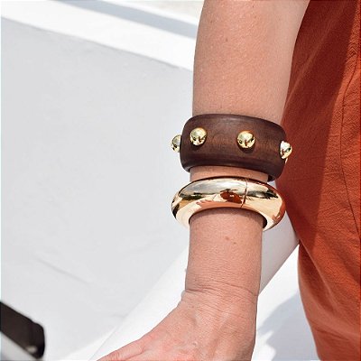 Bracelete Madeira com Esferas em Banho de Ouro 18K