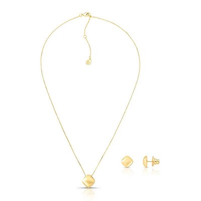 Conjunto Pingente Quadrado em Banho de Ouro Acetinado