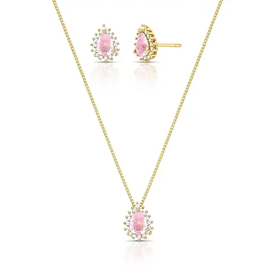 Conjunto Gota Rosa Turmalina com Zircônias – Banho de Ouro 18k