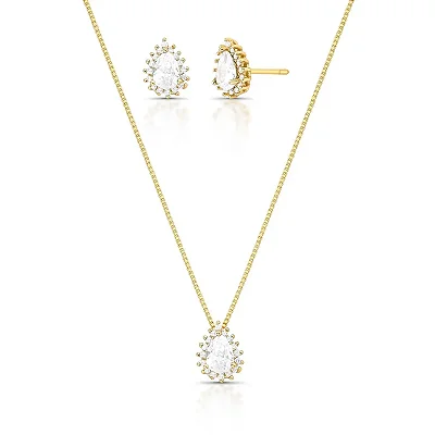 Conjunto Gota Cristal com Zircônias – Banho de Ouro 18k