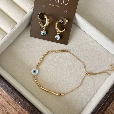 Argola Mini com Pingente Olho Grego – Banho de Ouro 18k