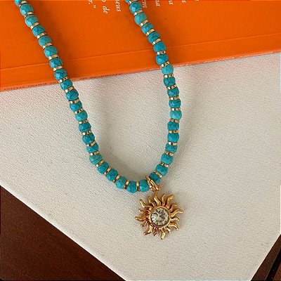 Colar Lagoon com Turquesa ePingente de Sol em Banho de Ouro 18k