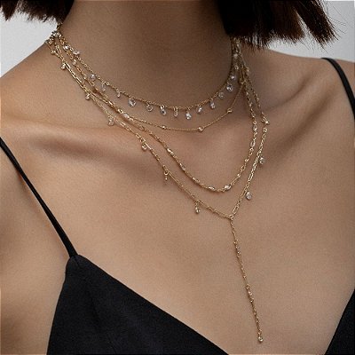 Colar Brisa Gravatinha com Pontos de Luz em Banho de Ouro 18k