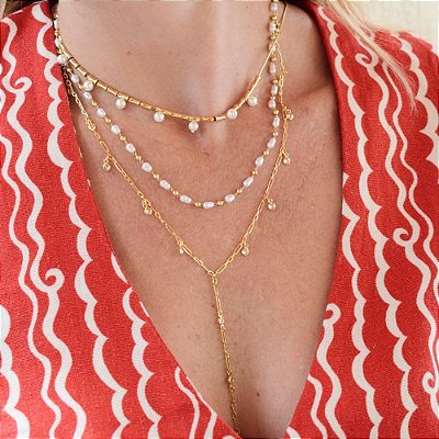 Choker Lumi Bamboo com Pérolas e Banho de Ouro 18k