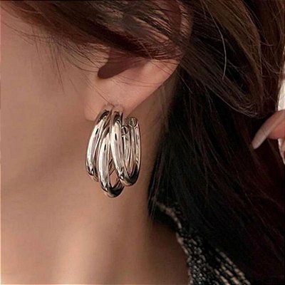 Brinco Cecília – Argola Tripla Banhada à Ródio M/G