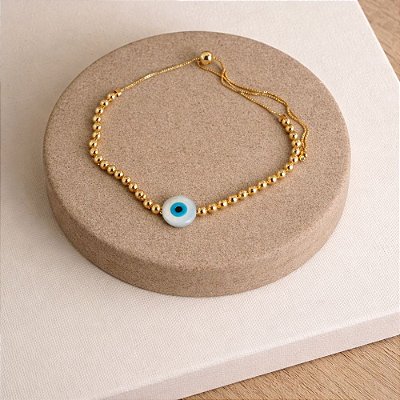 Pulseira Olho Grego com Esferas Douradas e Madrepérola