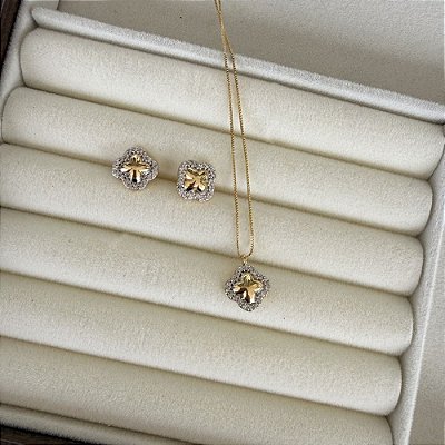 Conjunto Trevo Microcravejado em Banho de Ouro 18k