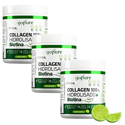 Kit 3 Colágeno 100% Hidrolisado 300g + Biotina sabor Limão