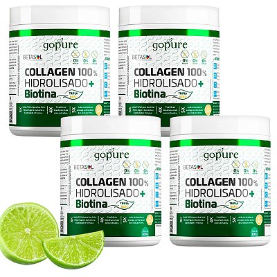 Kit 4 Colágeno 100% Hidrolisado 300g + Biotina sabor Limão