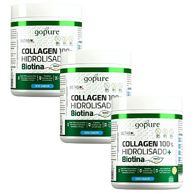 Kit 3 Colágeno 100% Hidrolisado 300G + Biotina Sem Sabor