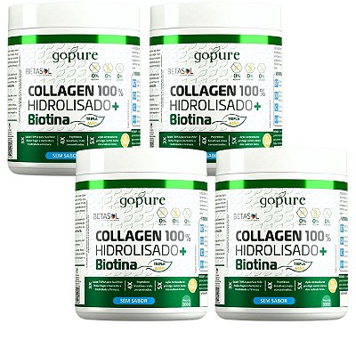 Kit 4 Colágeno 100% Hidrolisado 300G + Biotina Sem Sabor