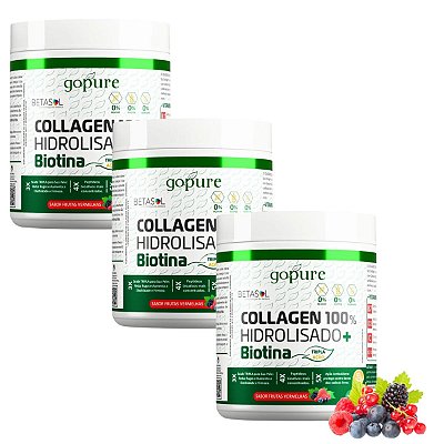 Kit 3 COLLAGEN 100% Hidrolisado 300G + Biotina sabor Frutas Vermelhas