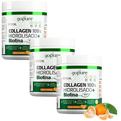 Kit 3 Colágeno 100% Hidrolisado 300G + Biotina sabor Tangerina