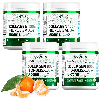 Kit 4 Colágeno 100% Hidrolisado 300G + Biotina sabor Tangerina