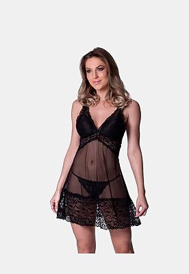 Lingerie Sensual Camisola Luxuri em Tule e Renda com Calcinha Fio