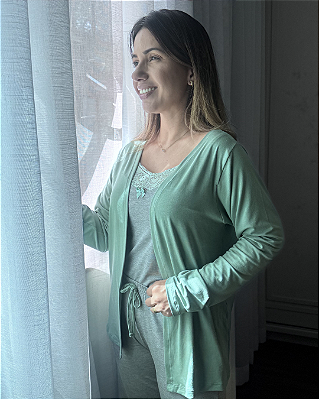Pijama Thay longo 3 peças feminino - Regata, cardigan e calça