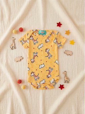Body Girafinha de Manga Curta WeeKids - Canelado Amarelo Estampado