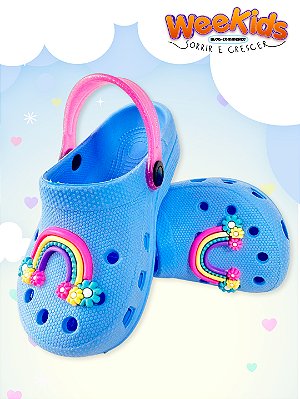 Sandália Babuche Azul Bebê Arco-Íris com Correia Pink Gliter
