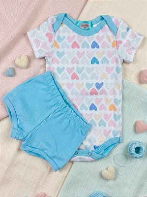 Conjunto Bebê Body Manga Curta Suedine 100% Algodão + Shorts