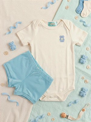 Conjunto Bebê Masculino Body Off White Ursinho + Short Azul Claro Algodão