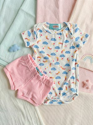 Conjunto Bebê Feminino Body Manga Curta Arco-Íris + Shorts Rosa