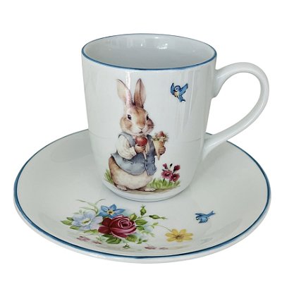 Caneca com pratinho de pão - Coelhinho com Morangos
