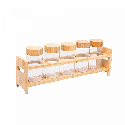 Conjunto 5 Porta Temperos de Vidro Borossilicato com Tampa e Suporte de Bambu