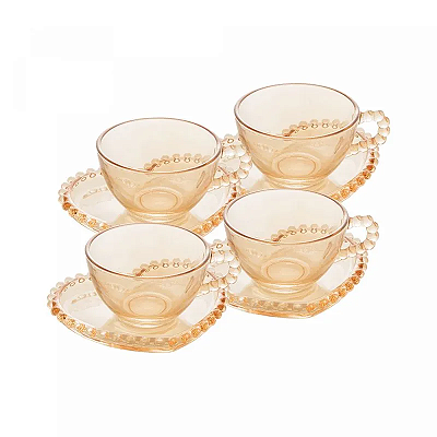 Conjunto 4 Xìcaras de Chá de Cristal com Pires Coração Pearl Âmbar 180ml