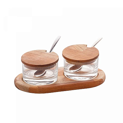Conjunto 2 Porta Geléia Vidro com Tábua Madeira e Colher Teca 24cm x 13cm x 7,5cm