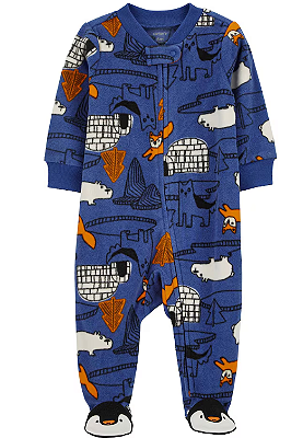 Carter's - Macacão de Fleece - Azul com Estampa de Bichinhos e Iglus