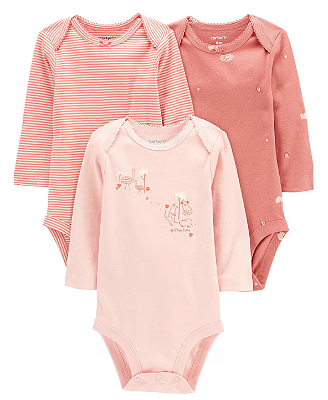 Carter's - Kit Bodys Manga Longa 3 Peças Menina - Rosa com Estampas
