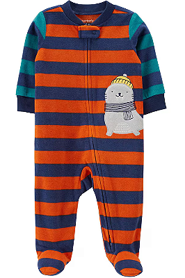 Carter's - Macacão de Fleece - Listrado Azul e Laranja com Bordado de Foca