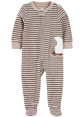 Carter's - Macacão de  Fleece - Listrado Marrom com Bordado de Urso