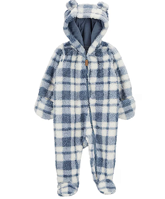 Carter's - Macacão de Sherpa - Xadrez Azul com Zíper e Capuz
