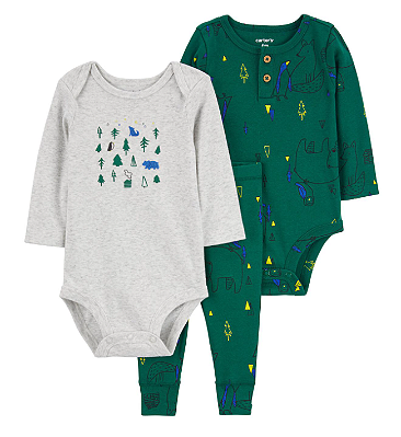 Carter's - Kit 3 Peças com Calça e 2 Bodys - Verde Estampado Floresta