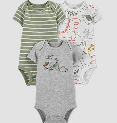 Carter's - Kit Bodys Manga Curta 3 Peças Menino - Dinossauro e Listras