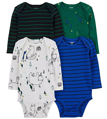 Carter's - Kit Bodys Manga Longa 4 Peças Menino - Listras e Ursos