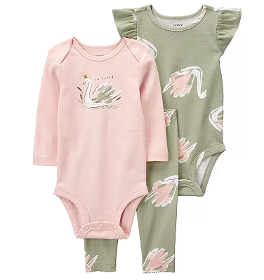 Carter's - Kit 3 Peças com Calça e 2 Bodys - Verde e Rosa com Cisne