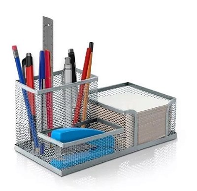Organizador De Mesa Escritório Porta Canetas De Metal Telado 3 Divisórias (Prata)