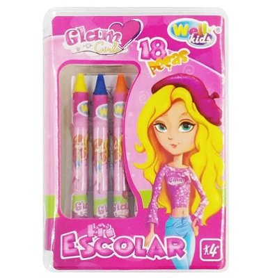 Estojo Escolar Com Lápis de Cor + Giz De Cera e Acessórios Glam 18 Peças
