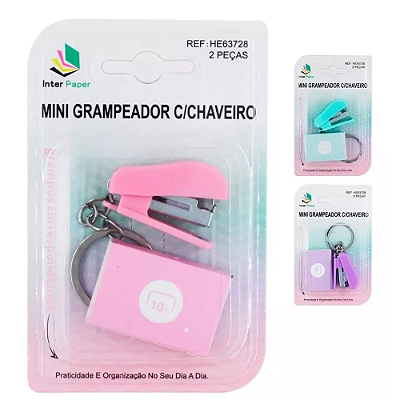 Mini Grampeador com Chaveiro + Caixa de Grampos